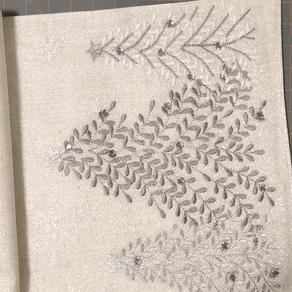 Silver Trees Embroidered Christmas Holiday Table Runner